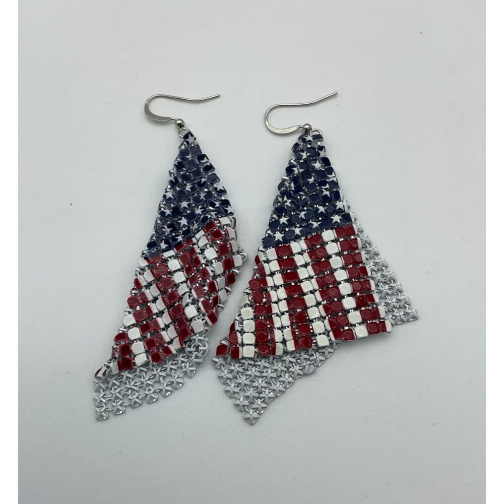 American Flag Lightweight Liquid Mesh Metal Dangle Flowy Draping 3in Earrings